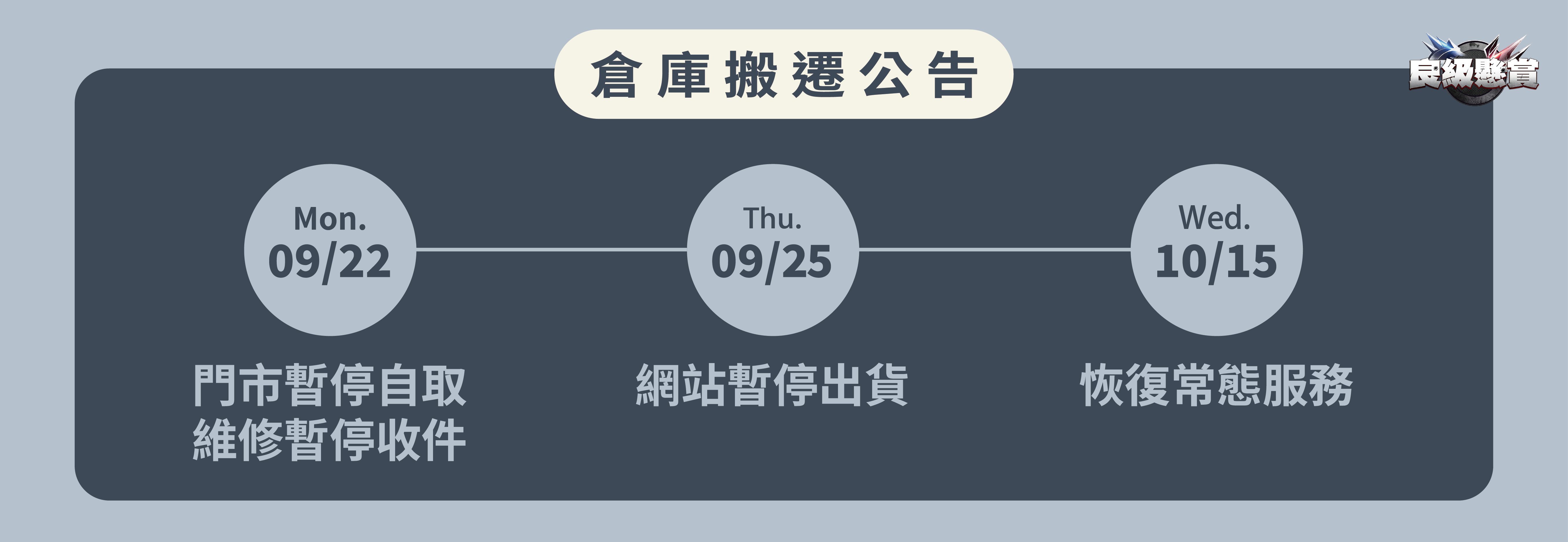 【主堡遷移公告】出貨＆維修暫停通知